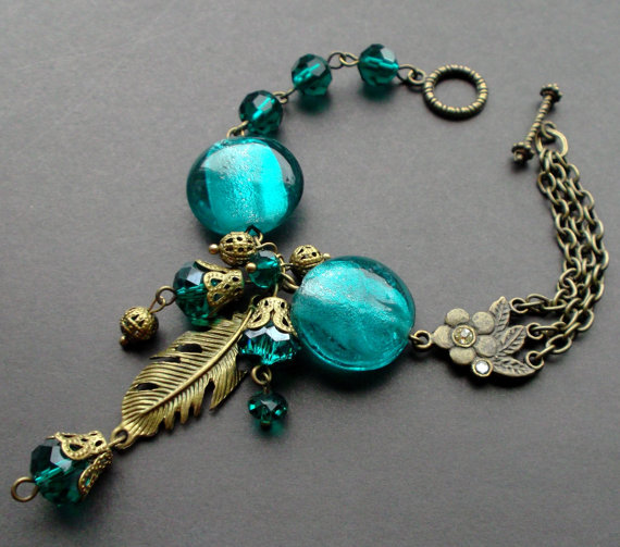 Bronzen Armband Met Turquoise Lampwork Kralen 