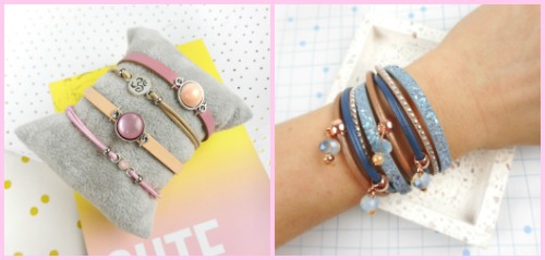 armband van elastiek met verschuifbare knoop maken - armband van leer - blauw rose goud met bedels - beads and basics
